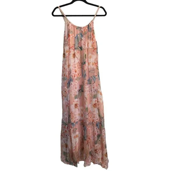 Elena Baldi Maxi Dress Blush Silk Blend Summer Floral Brunch Braided Straps XL - Picture 2 of 13